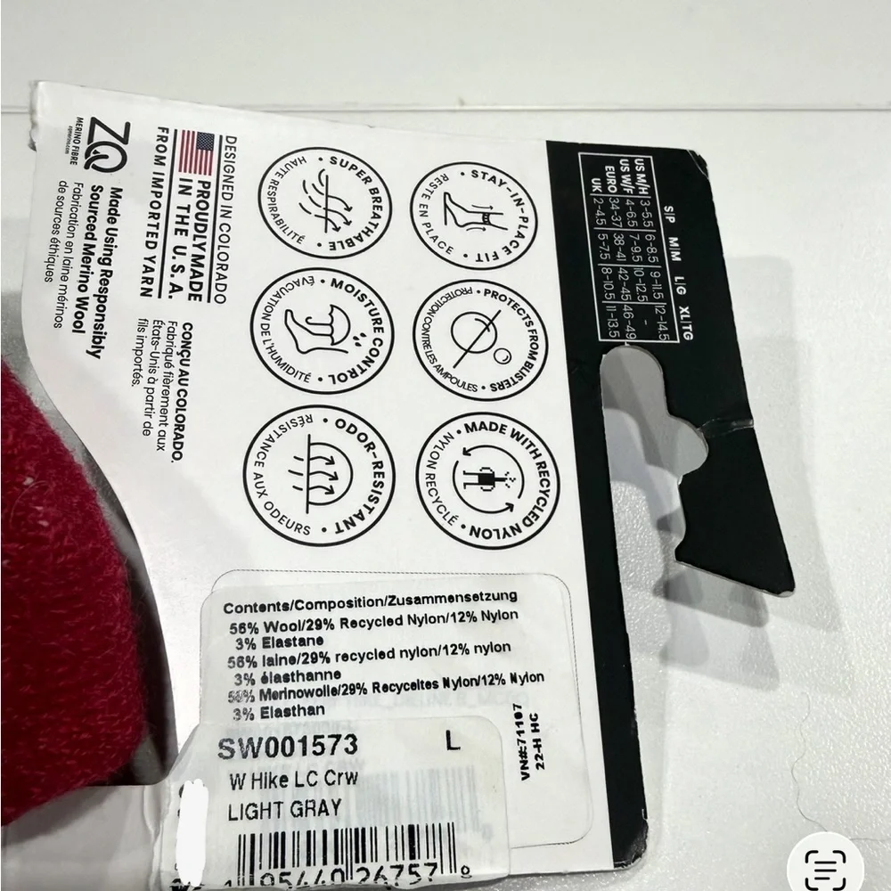 Smartwool Women's Large Hike Light Cushion Crew Socks Red Grey NWT Merino Wool
